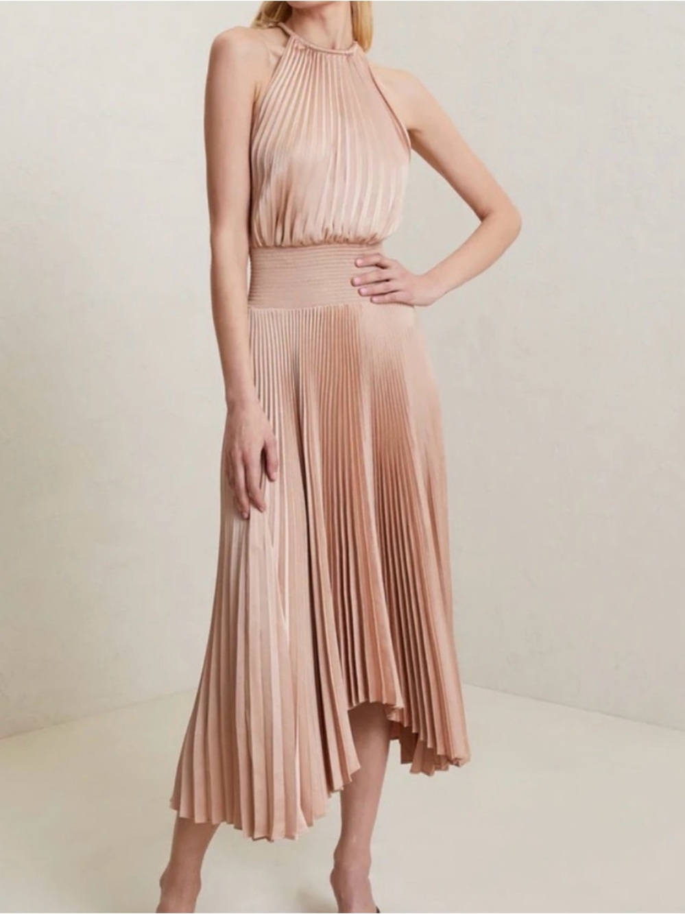 A.L.C. Pleated Halter Renzo II Dress in Champagne Color